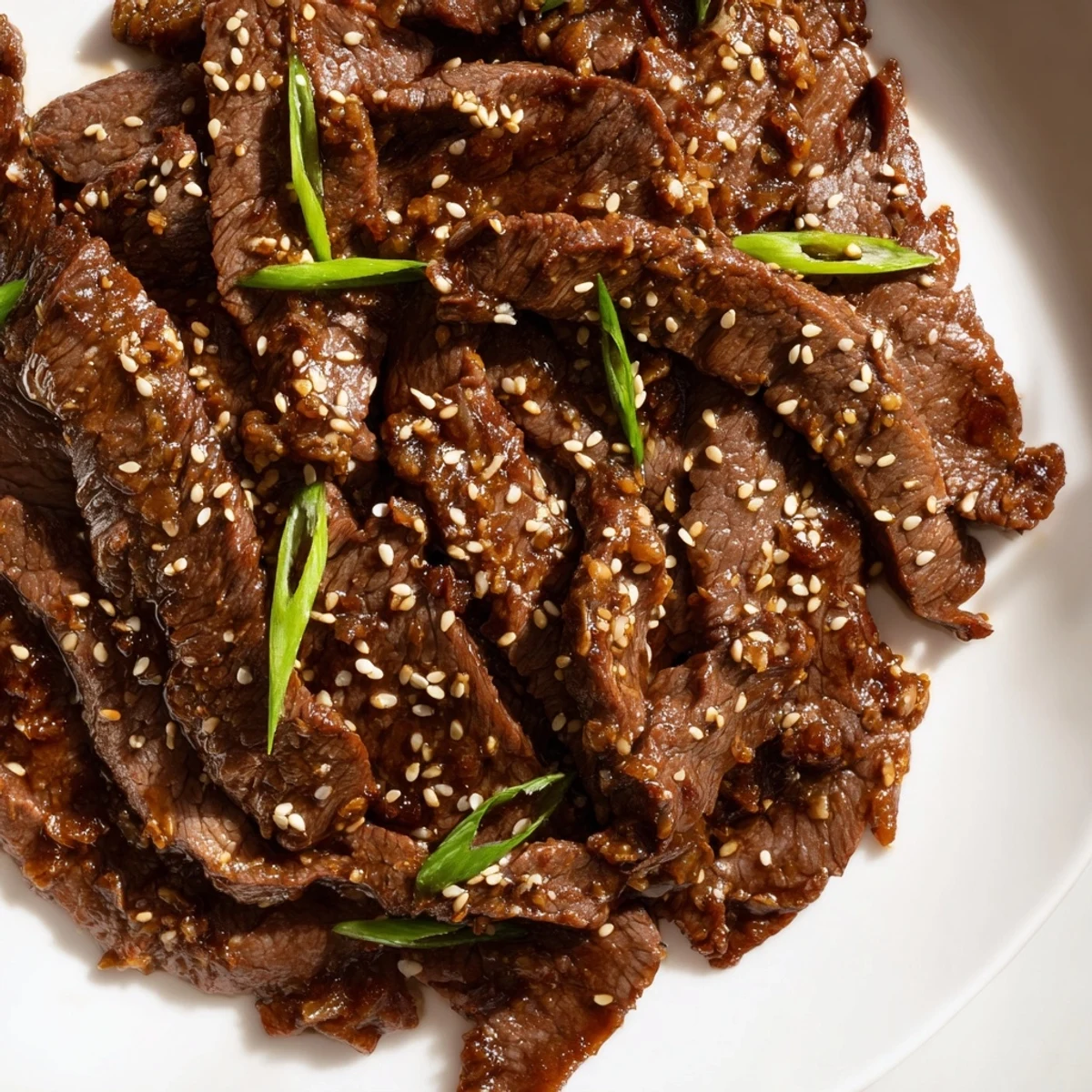 A close-up of slow cooker Mongolian beef highlights juicy beef strips in a rich sauce, with green onions and sesame garnish.