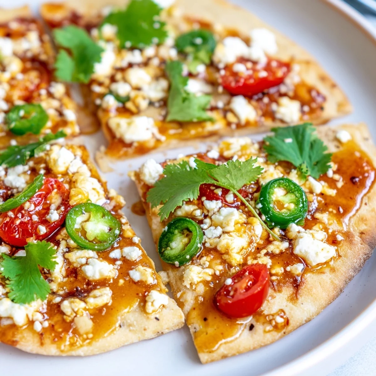The finished Sweet Heat Honey Garlic Flatbread Pizza rests on a rustic wooden board, topped with fresh cilantro and sliced jalapeños.