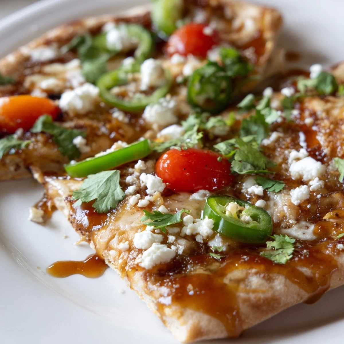 A close-up shot shows the Sweet Heat Honey Garlic Flatbread Pizza with bubbly mozzarella and melted feta cheese.