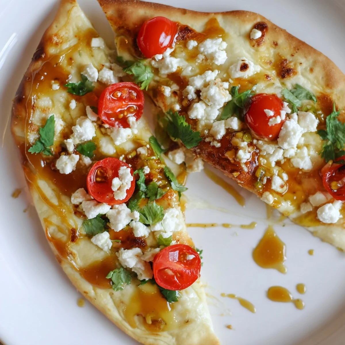 Sliced Sweet Heat Honey Garlic Flatbread Pizza on a plate with a side salad, ready for dinner.