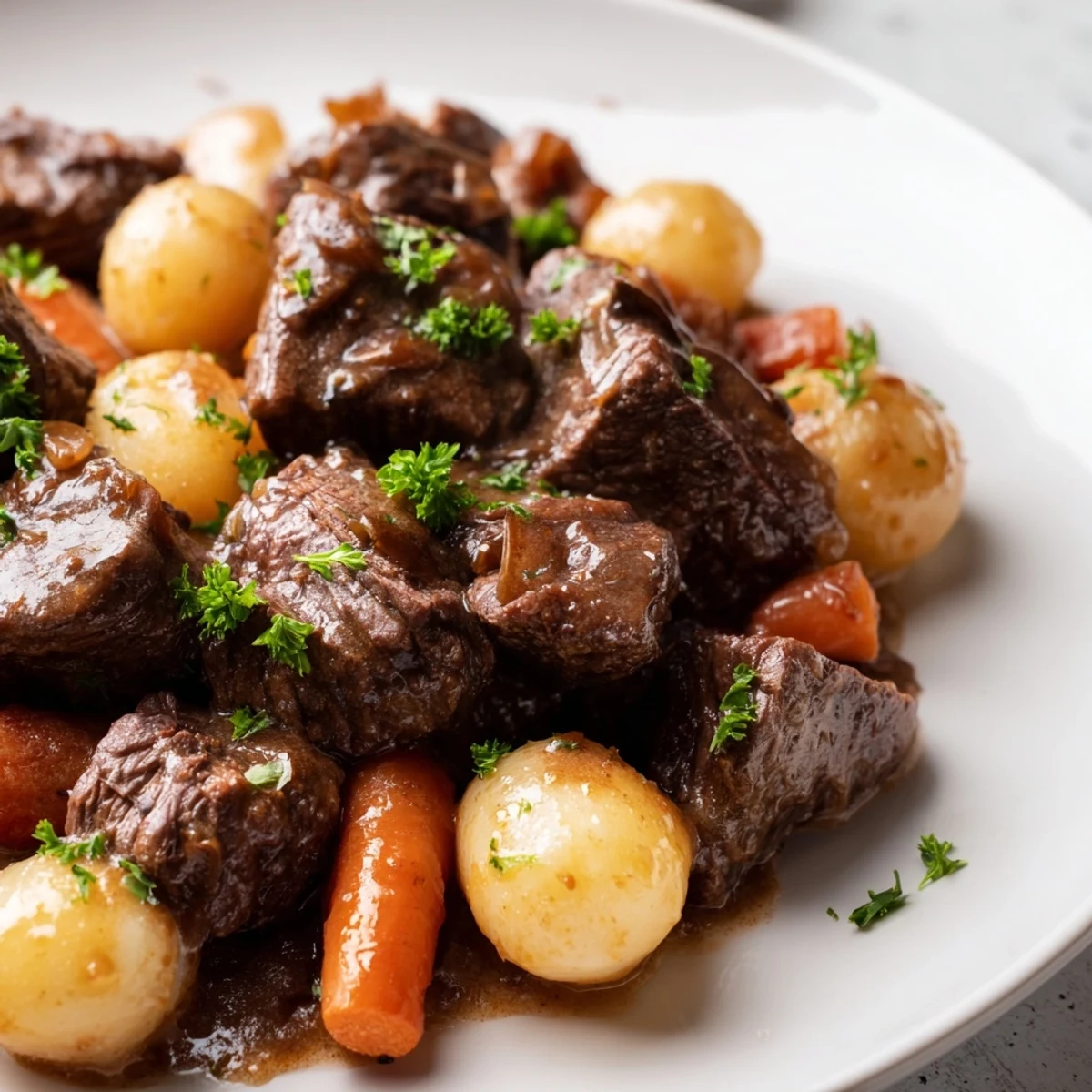 A close-up of Slow Cooker Garlic Butter Beef with Potatoes glistening in rich garlic butter sauce.
