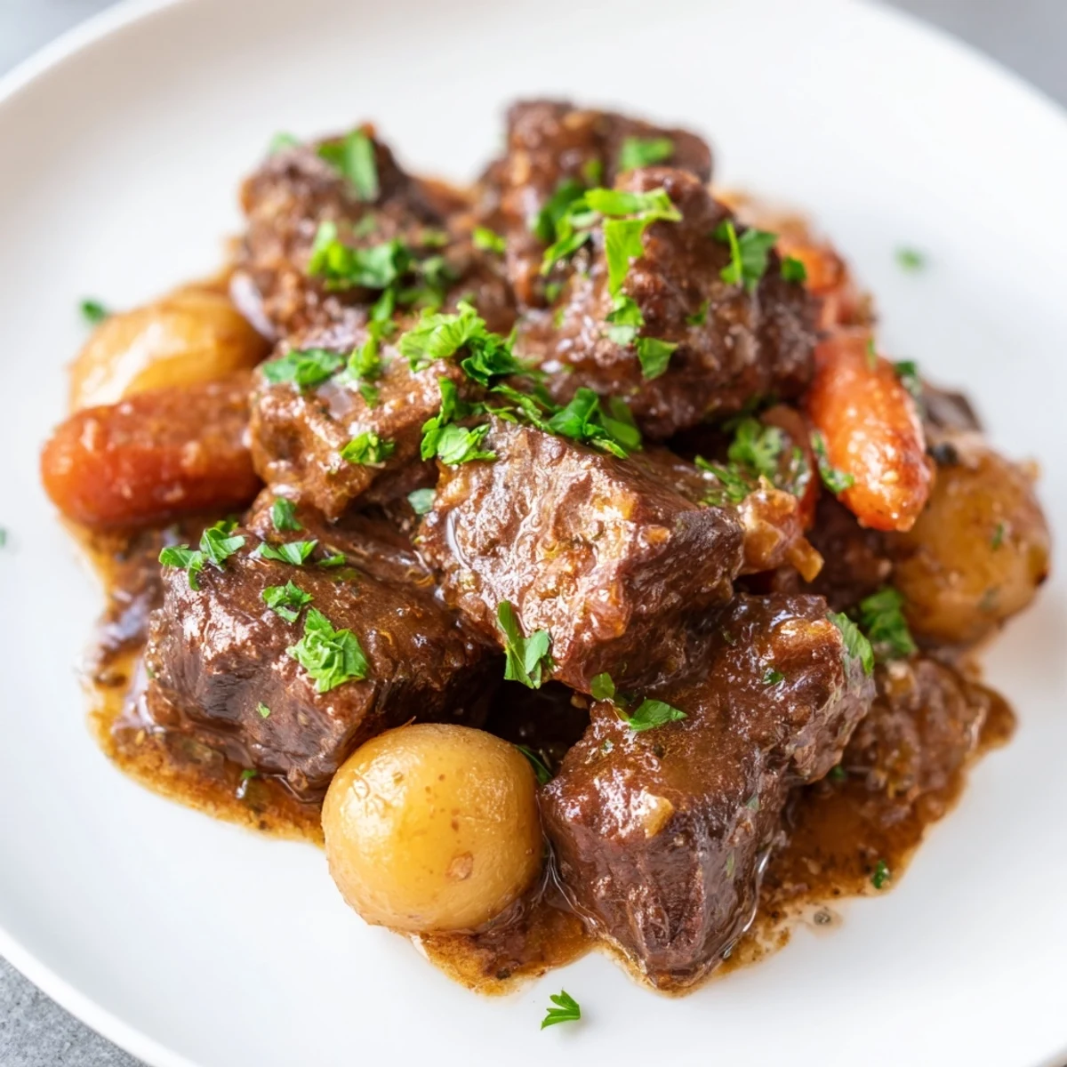 Family-style platter of Slow Cooker Garlic Butter Beef with Potatoes garnished with parsley and ready to serve.