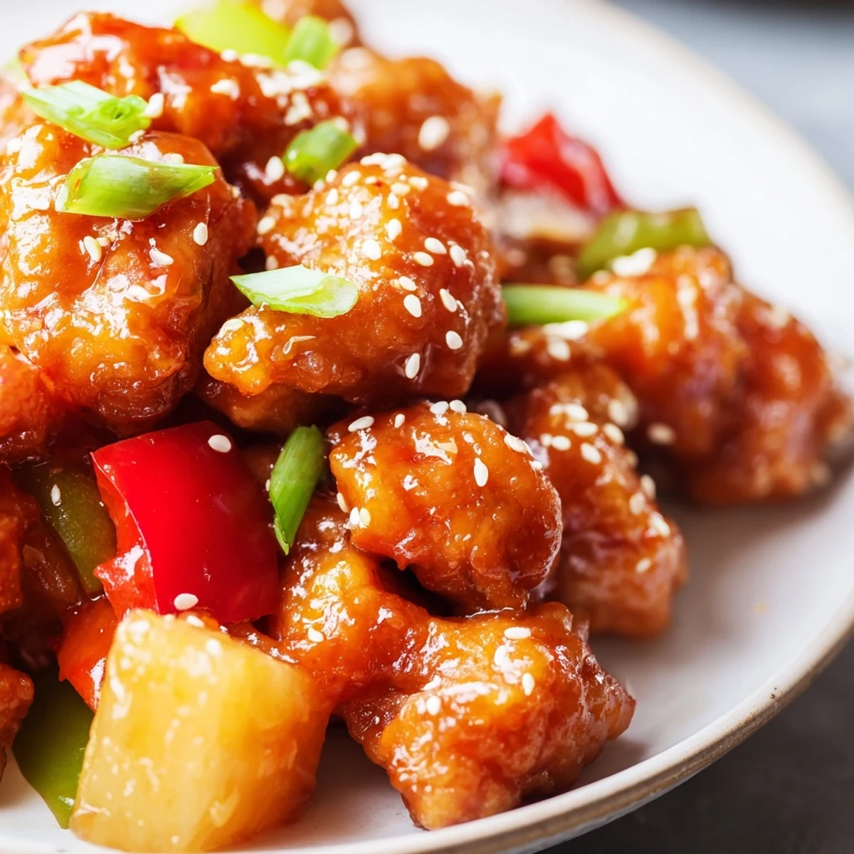 Pineapple chunks and vibrant bell peppers add color and sweet tang to the dish.