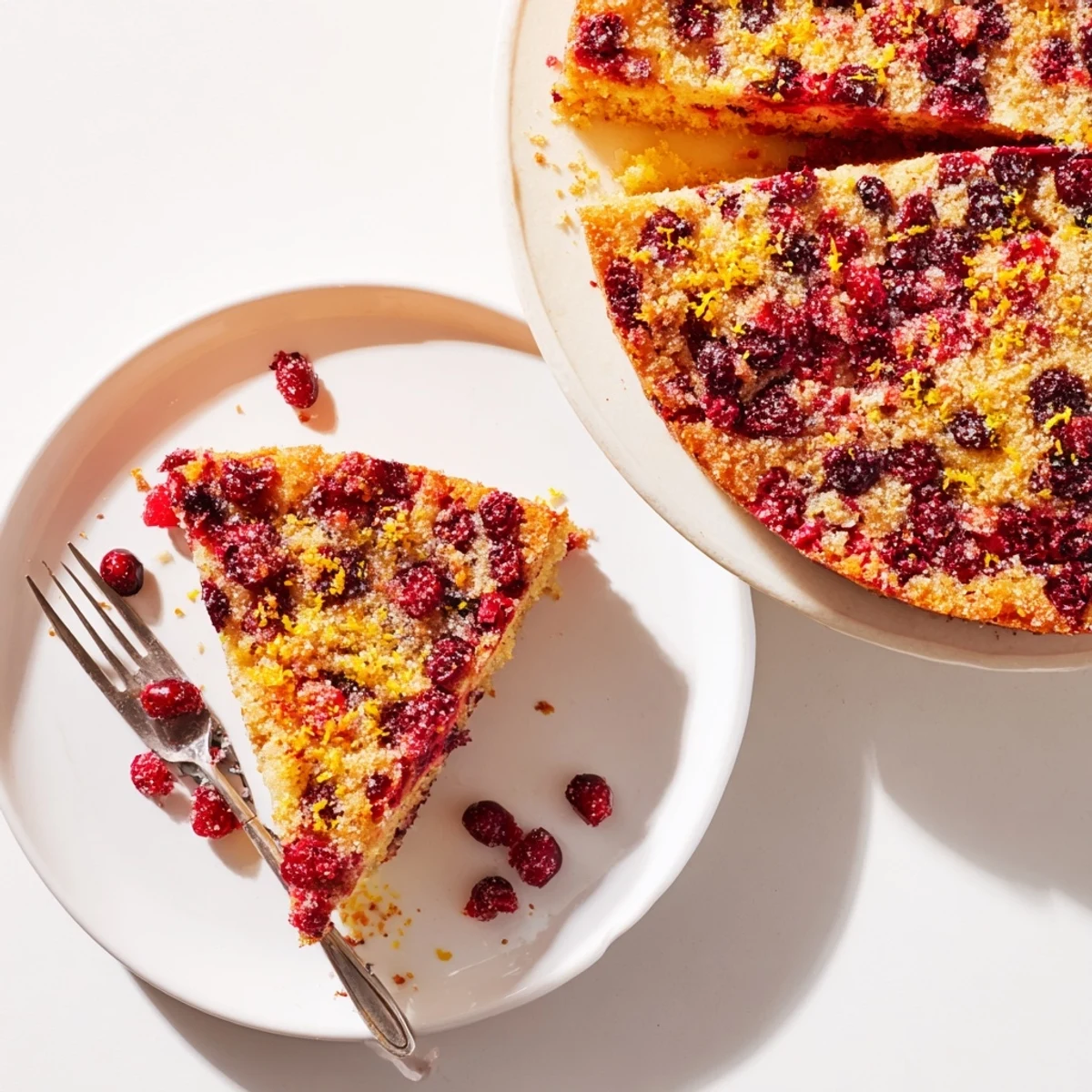 Easy holiday Cranberry Cake, golden baked and moist, served warm with a dollop of whipped cream nearby.