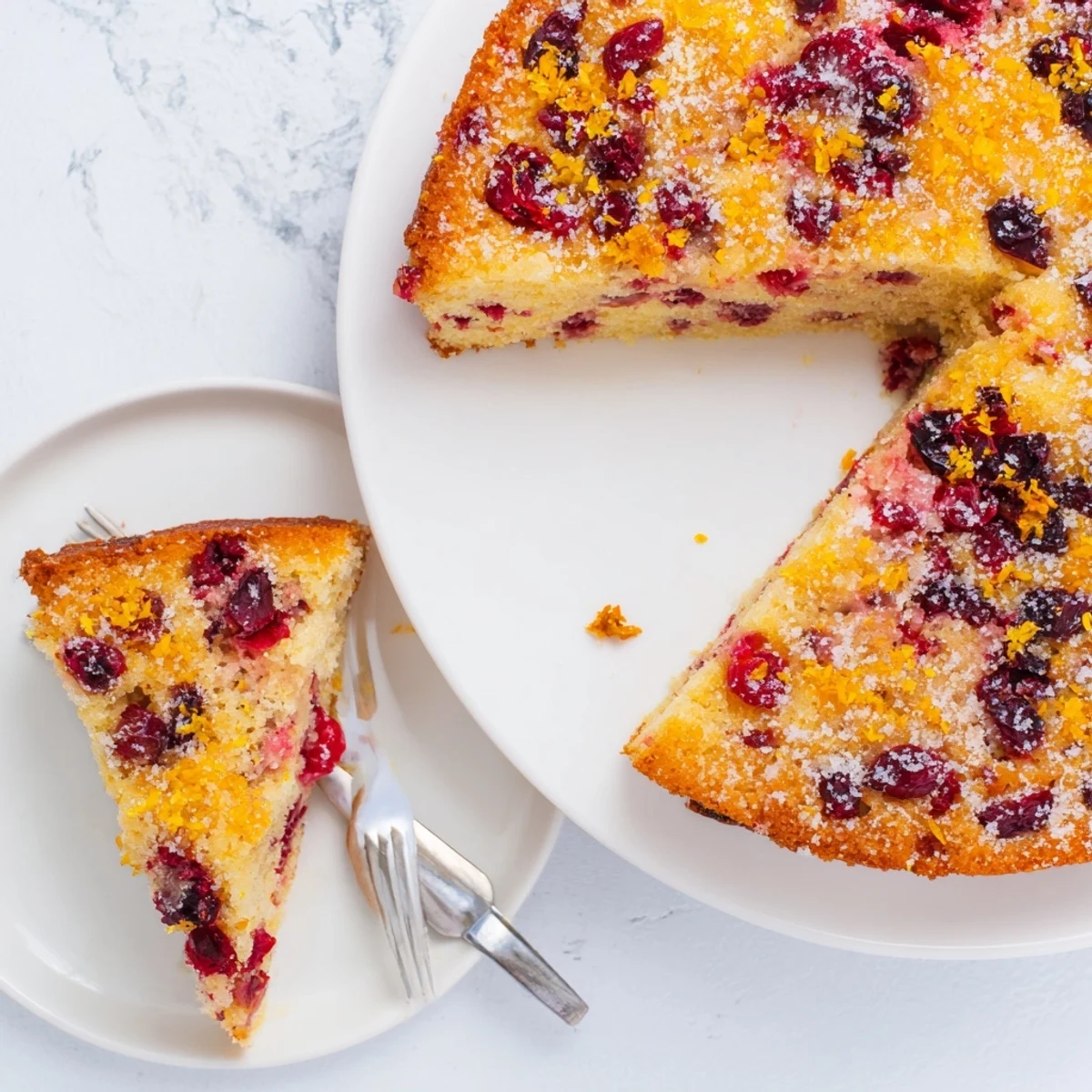 American Cranberry Cake on a rustic wooden board, studded with tart cranberries, ready for festive dessert serving.