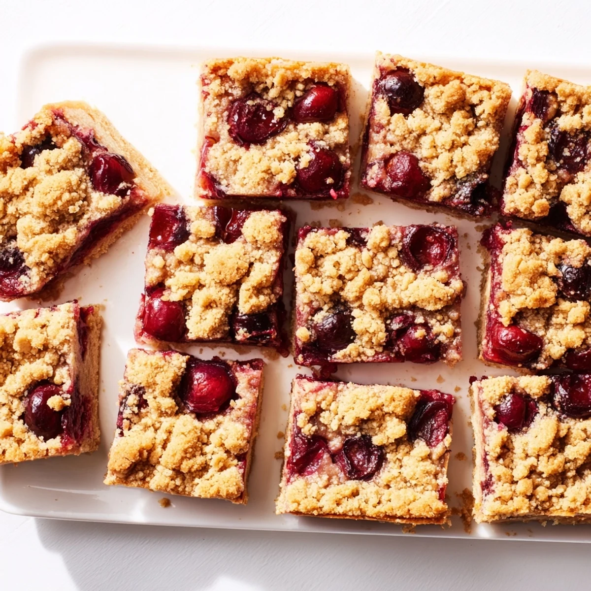 A close-up of homemade Cherry Crumble Bars with a golden brown crumbly topping and vibrant red cherry filling peeking through.