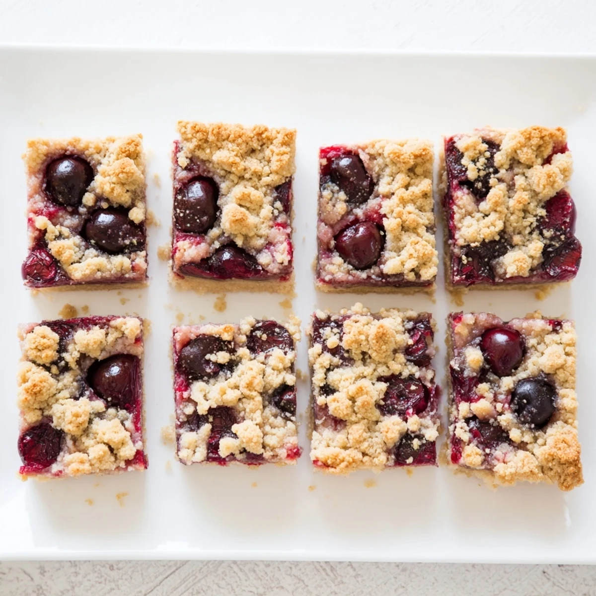 Freshly baked Cherry Crumble Bars stacked on a white plate, revealing a thick, juicy cherry layer inside.