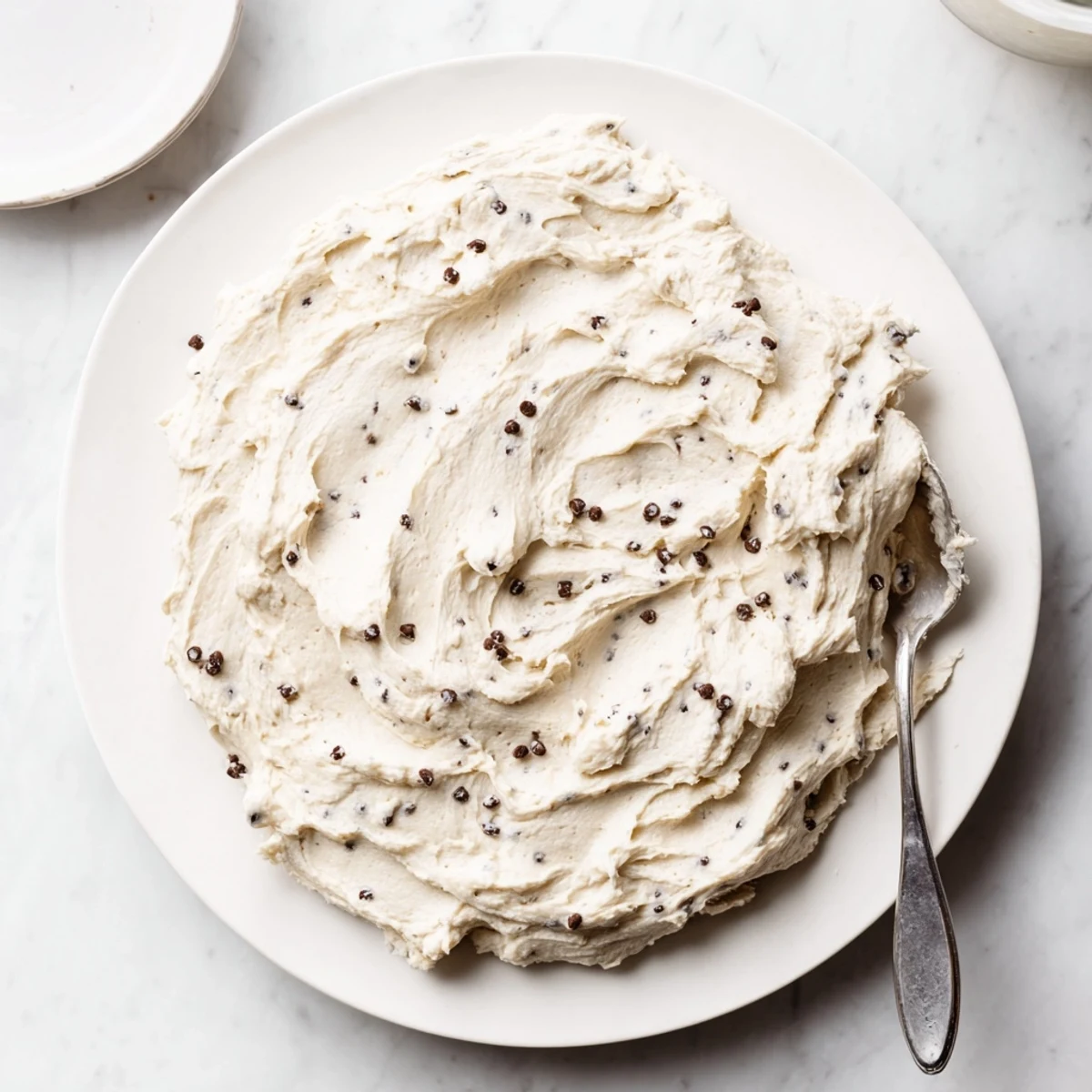 Creamy Cookie Dough Frosting in a bowl, loaded with mini chocolate chips, ready to swirl onto cupcakes.