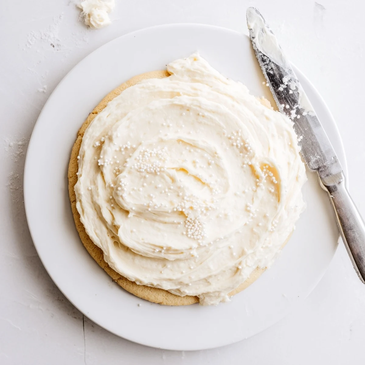 Fluffy white Easy Sugar Cookie Frosting spread smoothly on a round sugar cookie with rainbow sprinkles on a wooden board.