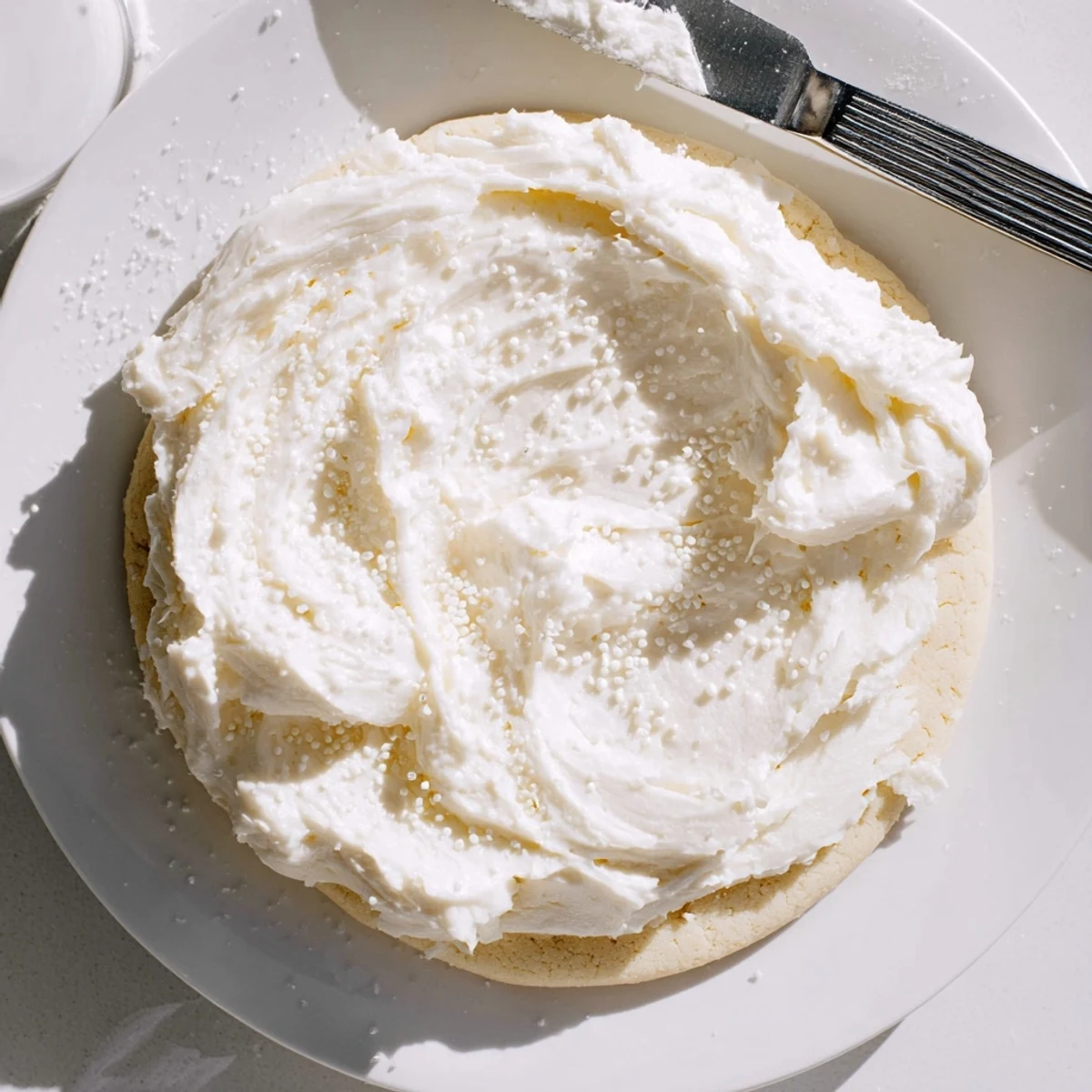 Thick vanilla Easy Sugar Cookie Frosting being piped from a bag onto a star-shaped sugar cookie on a marble countertop.