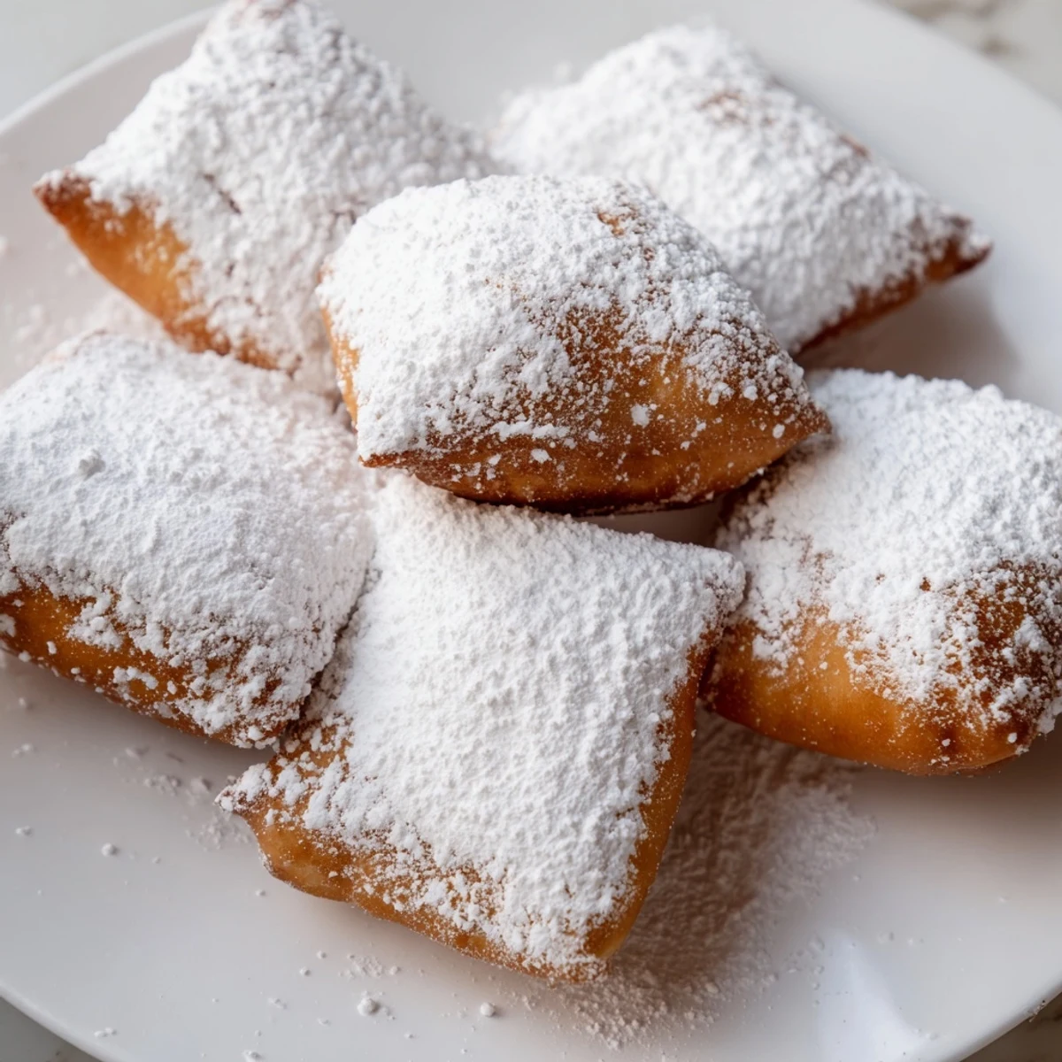 Golden Vanilla French Beignets dusted with powdered sugar on a plate with coffee.
