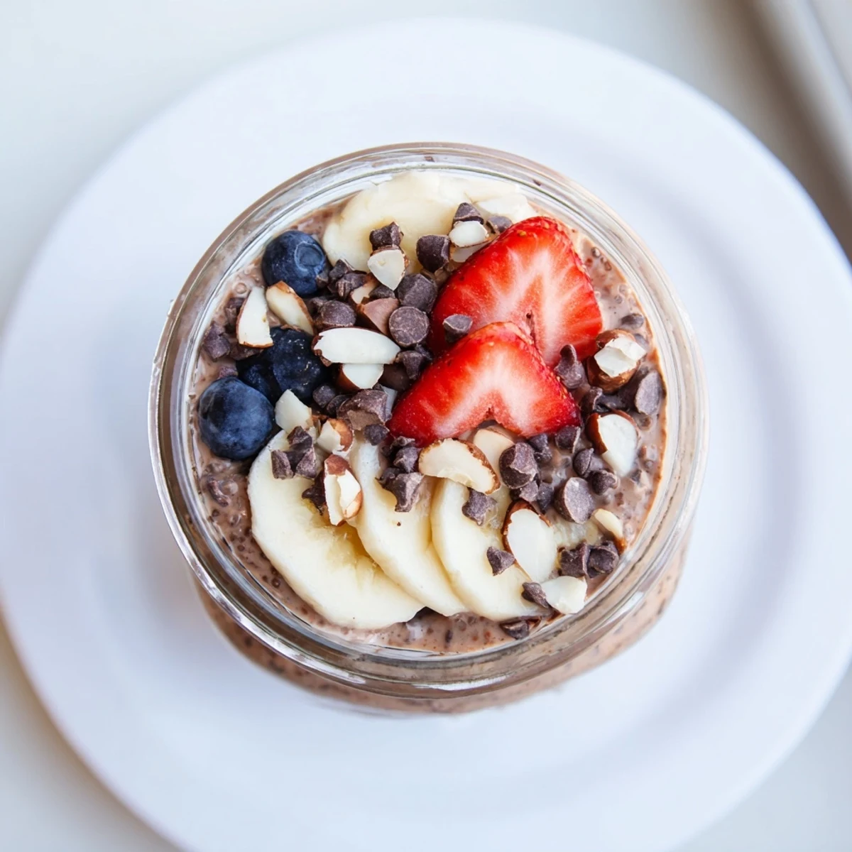 Rich chocolatey Ultimate Healthy Chocolate Overnight Oats layered in a jar, ready to serve cold from the fridge.