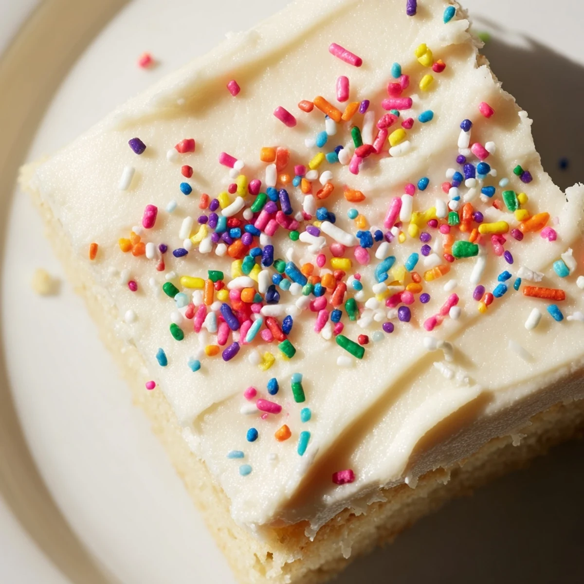 Golden-brown Sugar Cookie Bars swirled with creamy white frosting and topped with colorful sprinkles, ready for a party platter.