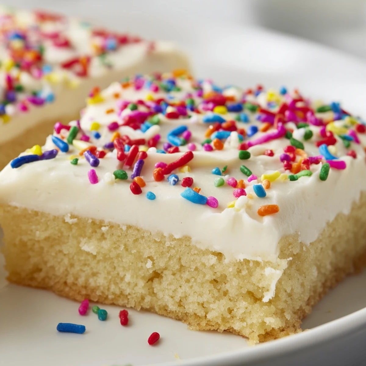 Freshly baked Sugar Cookie Bars on a cutting board, showing soft edges and fluffy vanilla frosting, sliced into neat squares.