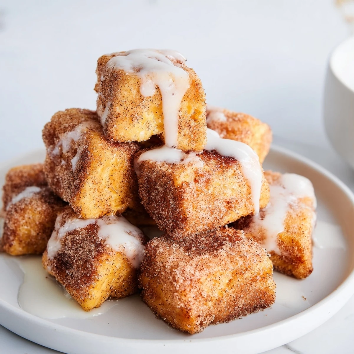 Golden brown Cinnamon Roll French Toast Bites glistening with sweet vanilla glaze on a rustic plate.  
