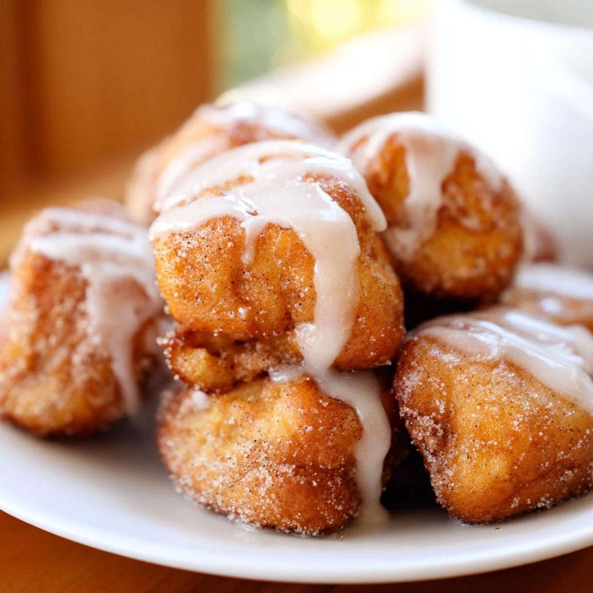 A close-up of bite-sized Cinnamon Roll French Toast Bites coated in cinnamon sugar for breakfast.