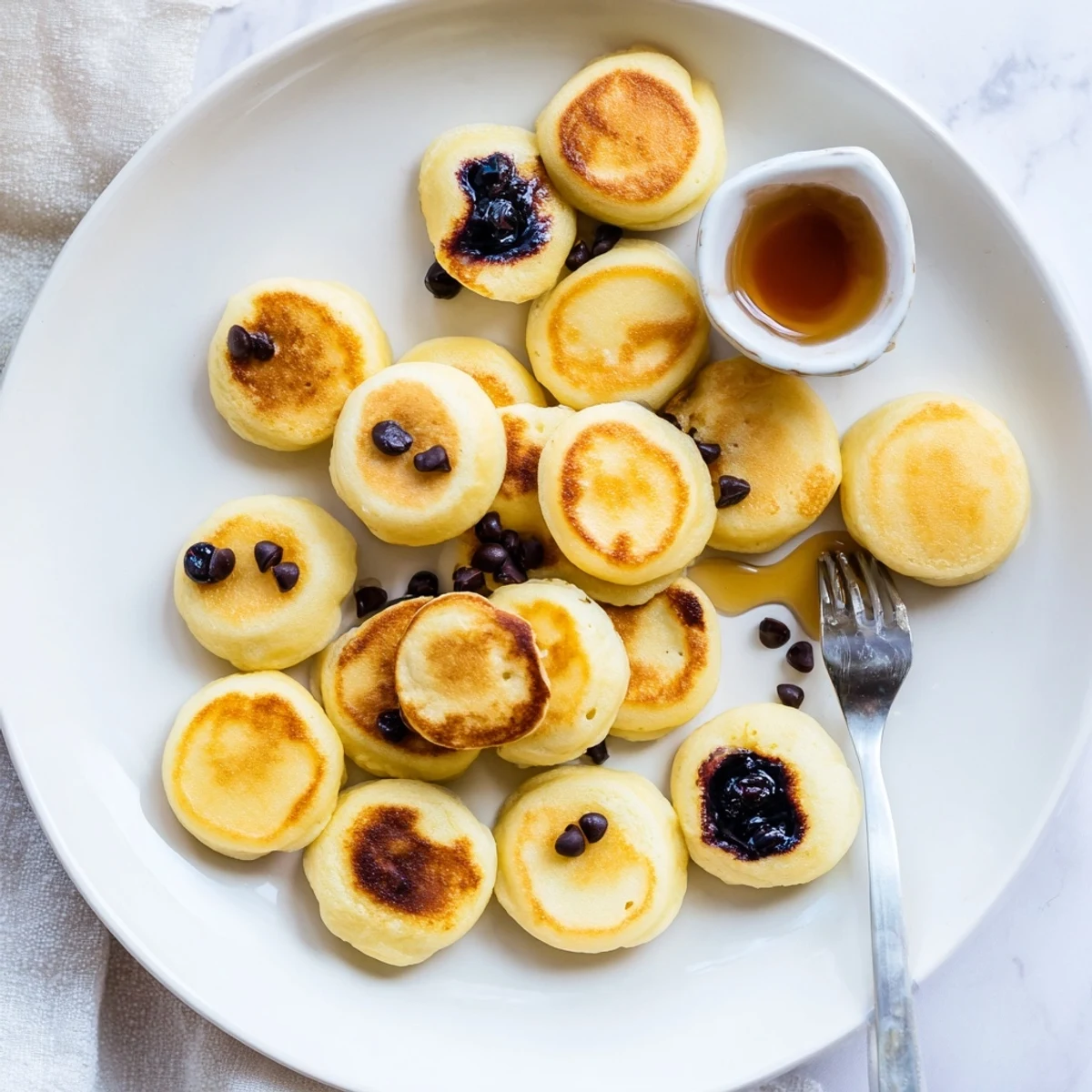 Golden, fluffy Pancake Poppers fresh from the oven, resting on a rustic board beside a small pitcher of pure maple syrup.