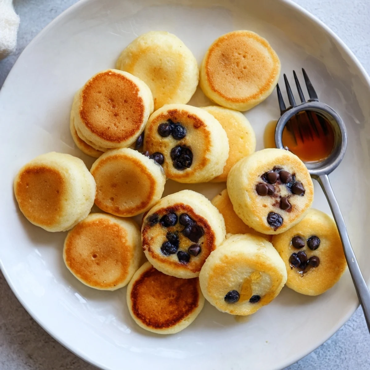 A close-up view of bite-sized Pancake Poppers studded with chocolate chips, perfect for a sweet breakfast or brunch snack.