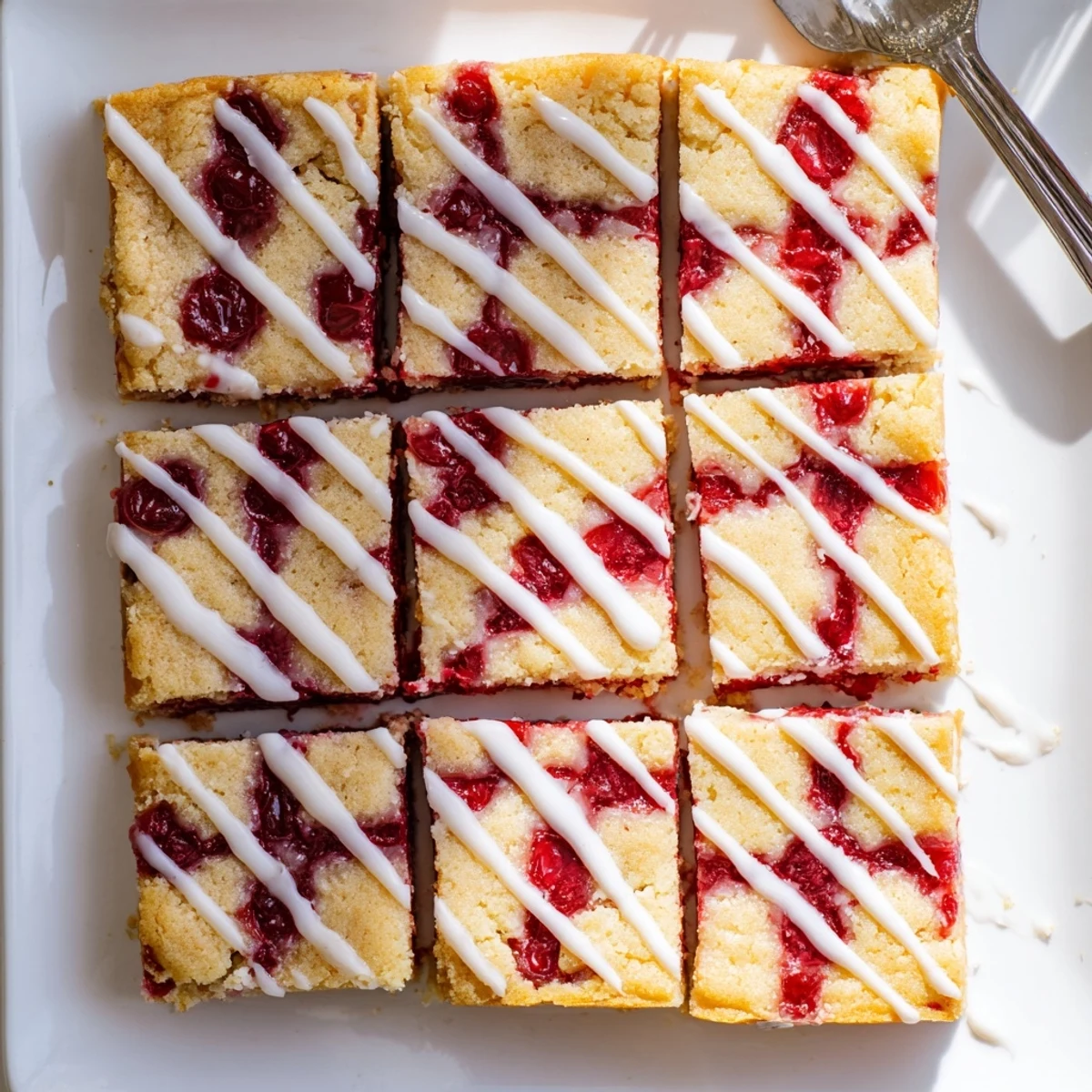 A close-up of Easy Cherry Pie Bars glistening with a vanilla glaze on a wooden board, with a slice lifted to reveal the tender, buttery layers and ruby-red cherry pie filling.