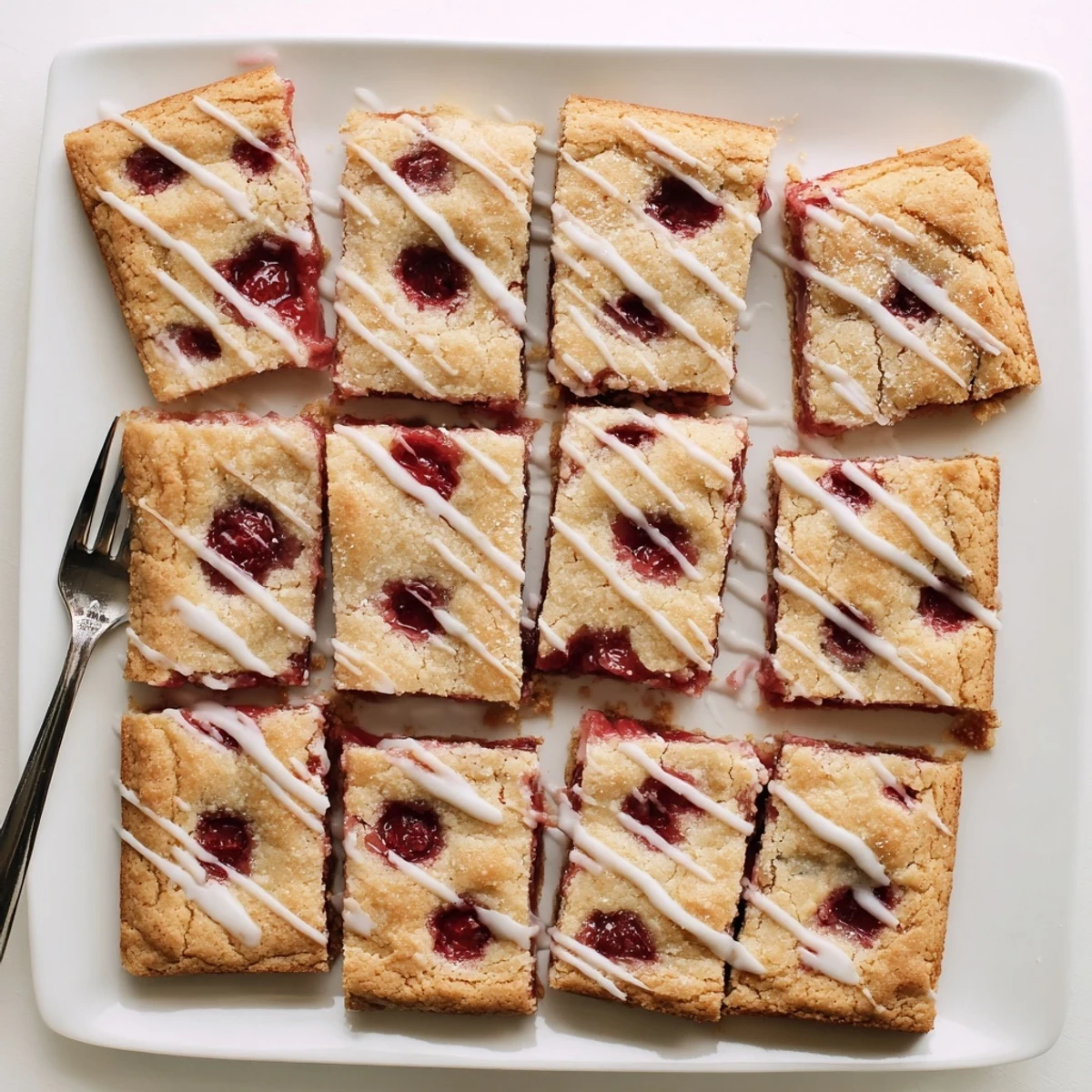 A top-down view of Easy Cherry Pie Bars arranged in a baking pan with parchment paper, showing golden-brown edges and vibrant cherry pockets, perfect for a simple American dessert.