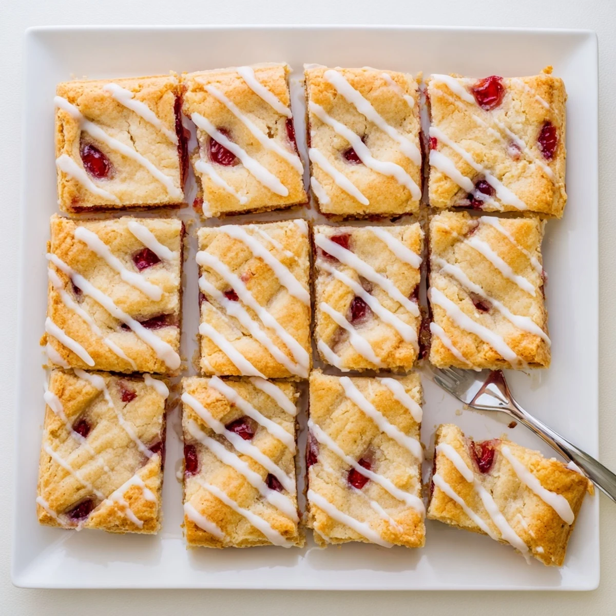 A slice of Easy Cherry Pie Bars on a white plate next to a scoop of vanilla ice cream, with crumbs on the counter and a cup of milk nearby.