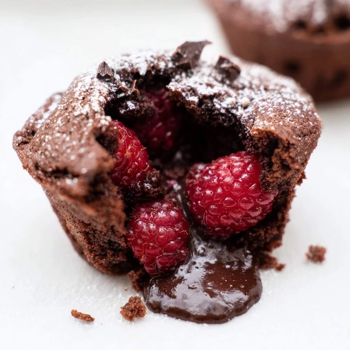 This image shows fresh Raspberry Chocolate Lava Cupcakes on a cooling rack, garnished with raspberries and chocolate shavings.