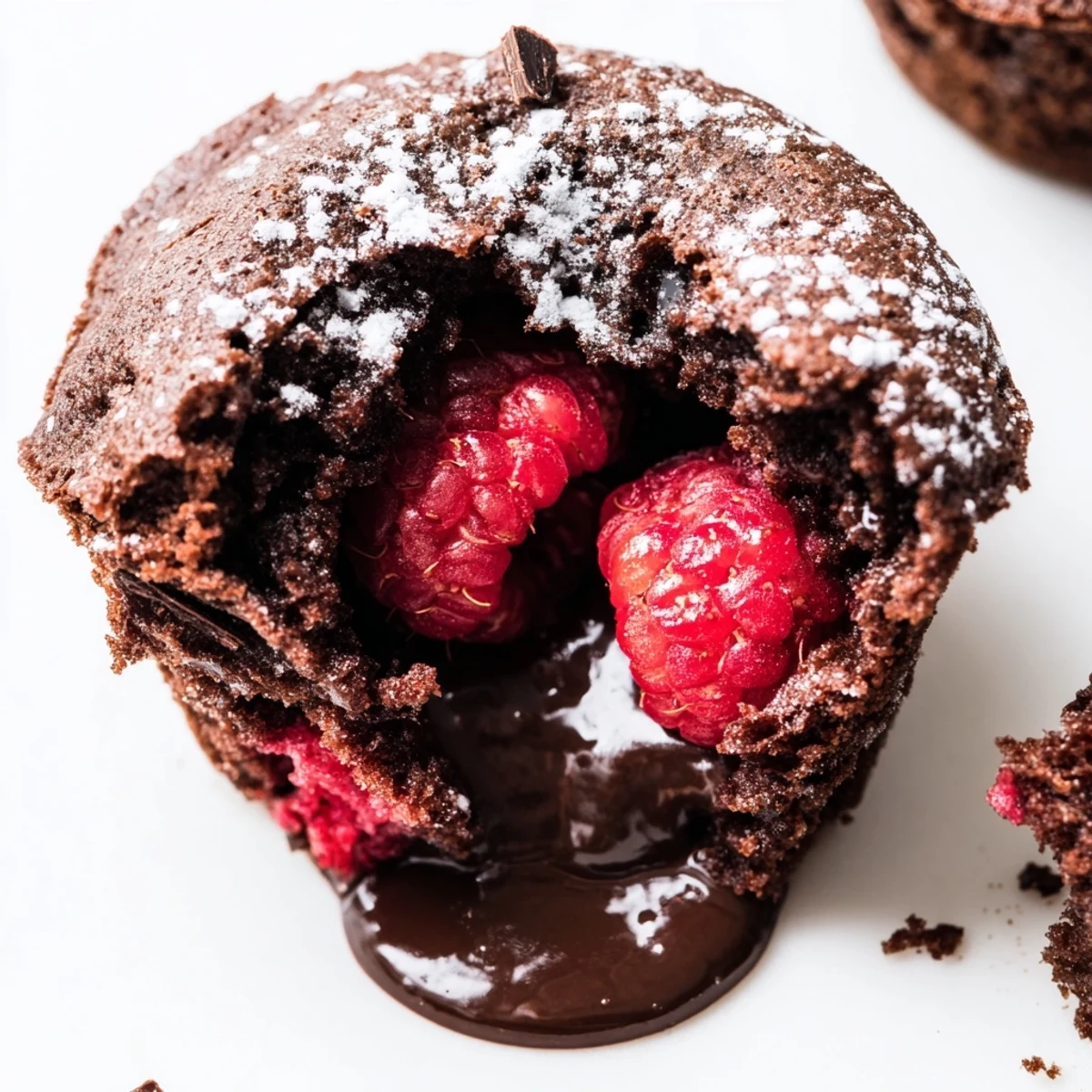 A close-up of Raspberry Chocolate Lava Cupcakes, showcasing their glossy tops and a dusting of powdered sugar.