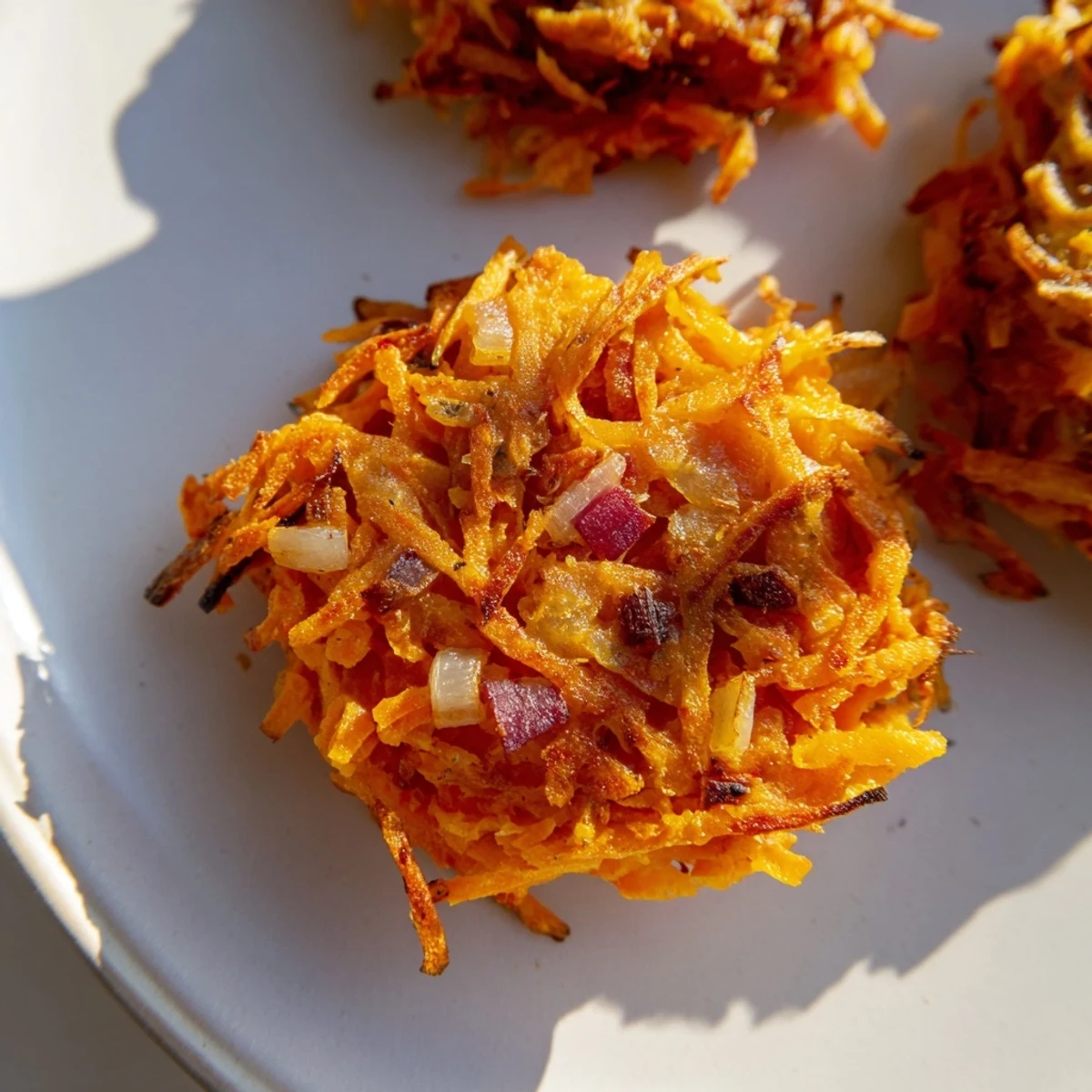 A close-up of gluten-free Healthy Sweet Potato Hash Browns, featuring tender centers, colorful spring onion garnish, and a smoky paprika aroma from the oven-baked patties.