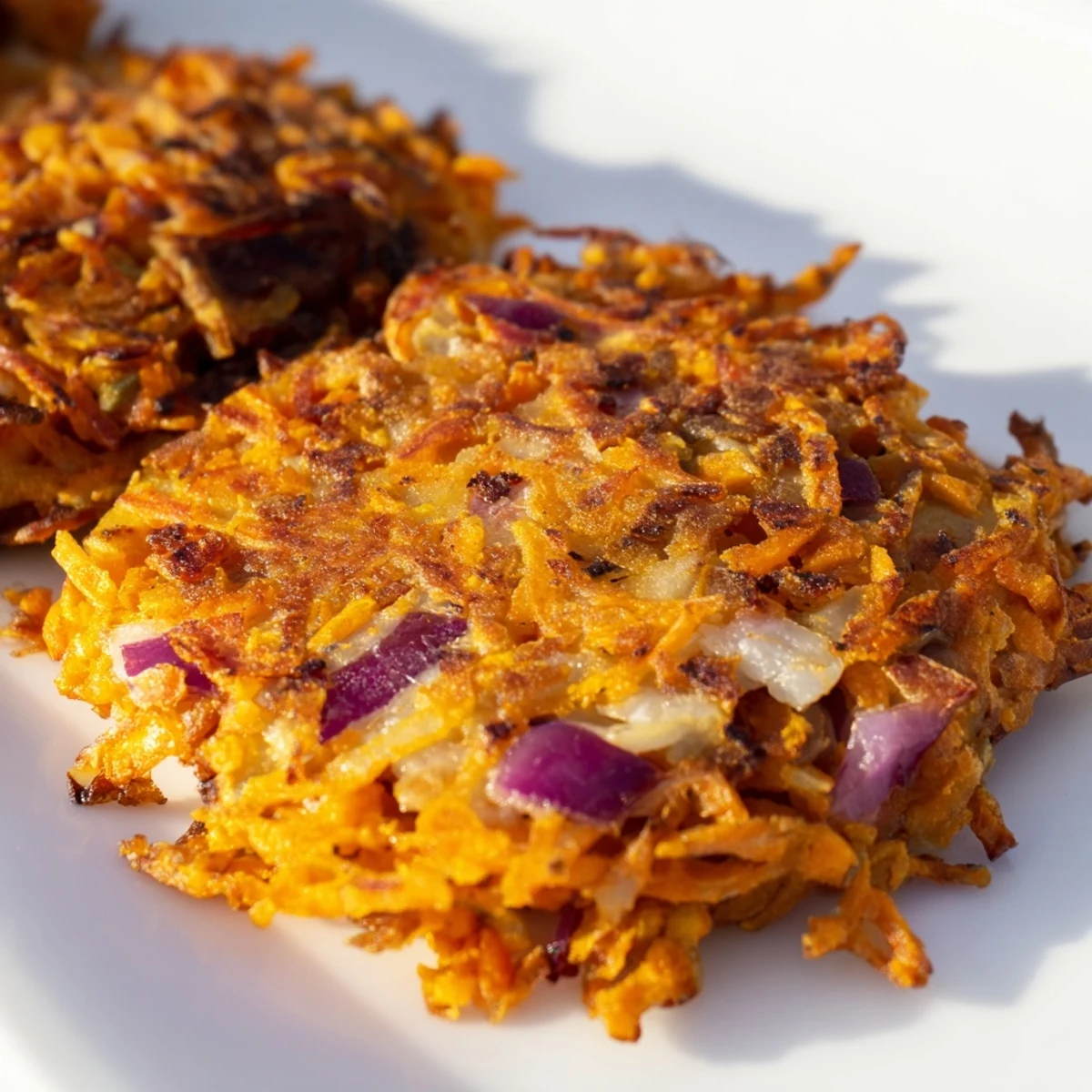 Perfectly cooked Healthy Sweet Potato Hash Browns rest on a parchment-lined tray, ready to be enjoyed as a light, vegetarian side dish or main course.