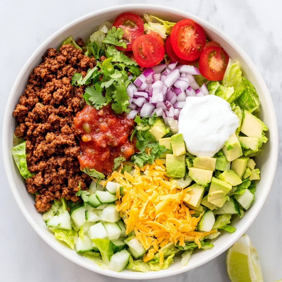Freshly cooked seasoned ground beef nestled in a Low Carb Burrito Bowl with crisp romaine lettuce and diced avocado.