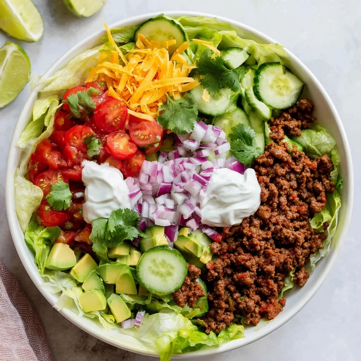 A colorful Low Carb Burrito Bowl topped with cherry tomatoes, shredded cheddar, and a dollop of sour cream ready to serve.