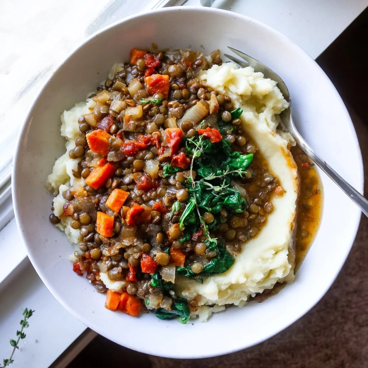 Golden brown lentil stew with tender vegetables and herbs is spooned over creamy white mashed potatoes in a rustic ceramic bowl.