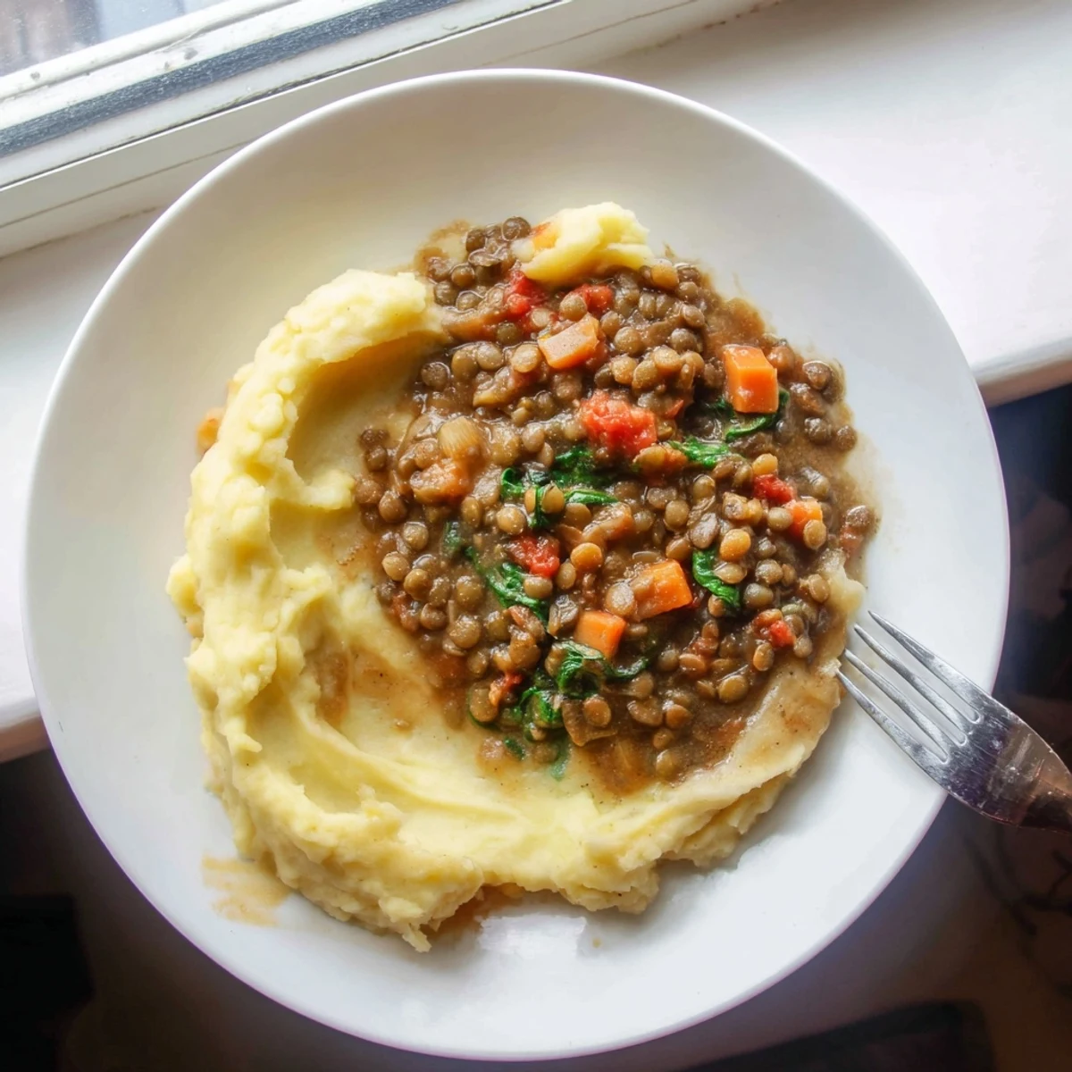 A close-up of hearty lentil stew over fluffy mashed potatoes garnished with fresh parsley and a drizzle of olive oil.