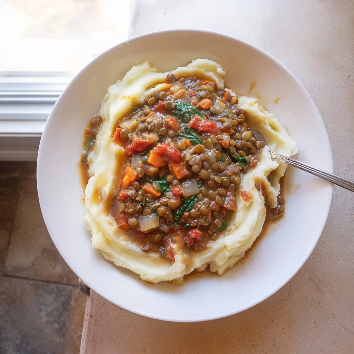 Steam rises from a comforting bowl of lentil stew served atop velvety mashed potatoes, with carrots and spinach visible.