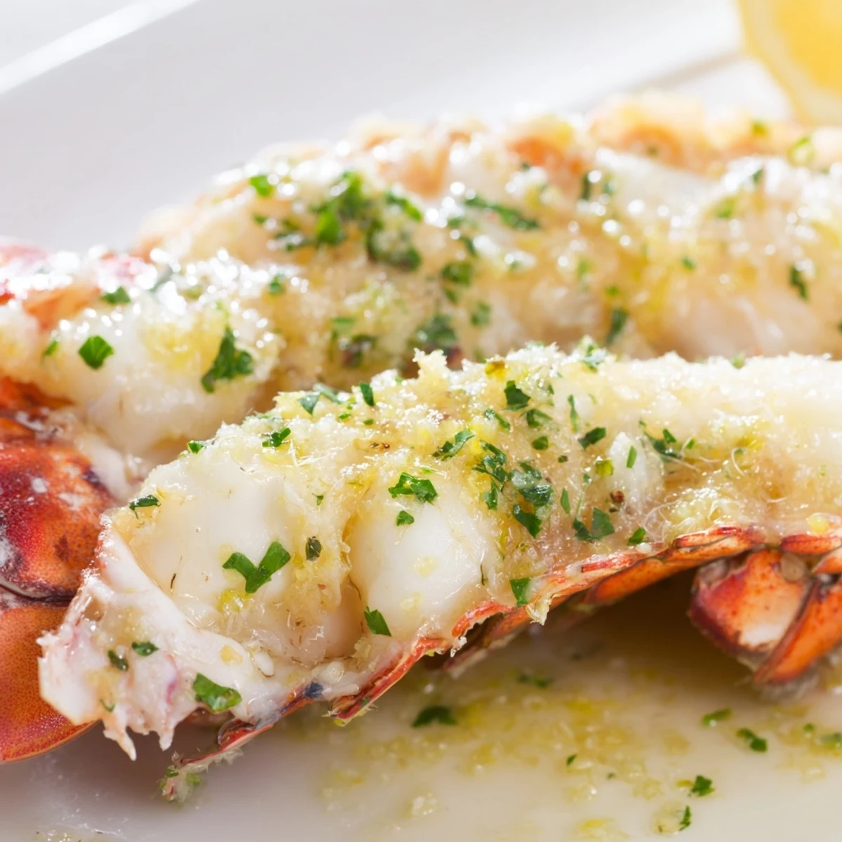 Tender Smoked Lobster Tails With Garlic Butter served with lemon wedges and fresh parsley.