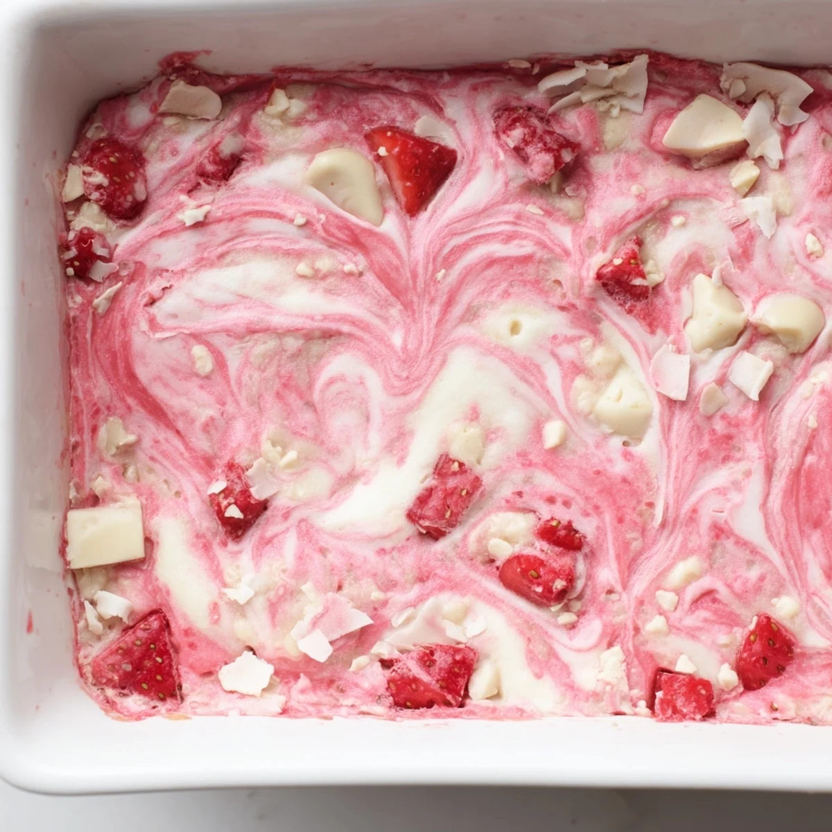 Slice of Strawberry Earthquake Cake on a white plate, revealing a moist crumb with chunks of fresh strawberries and a creamy cream cheese filling.