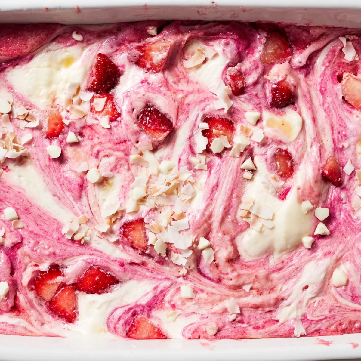 The finished Strawberry Earthquake Cake sits in a 9x13 baking pan, showcasing a marbled top with pink strawberry swirls and melted white chocolate chips.
