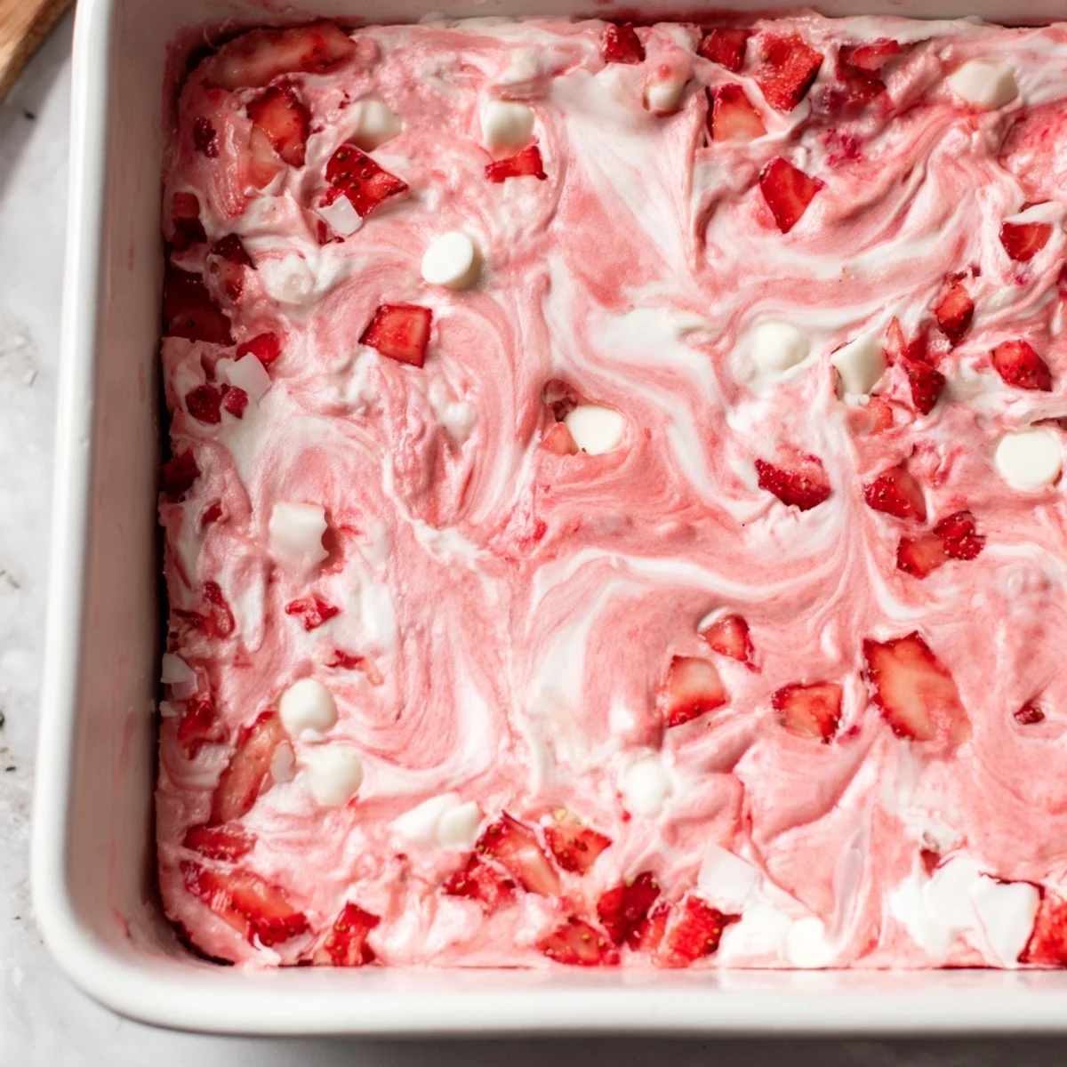 Overhead view of Strawberry Earthquake Cake with shredded coconut topping, perfect for a party dessert spread with a glass of milk nearby.