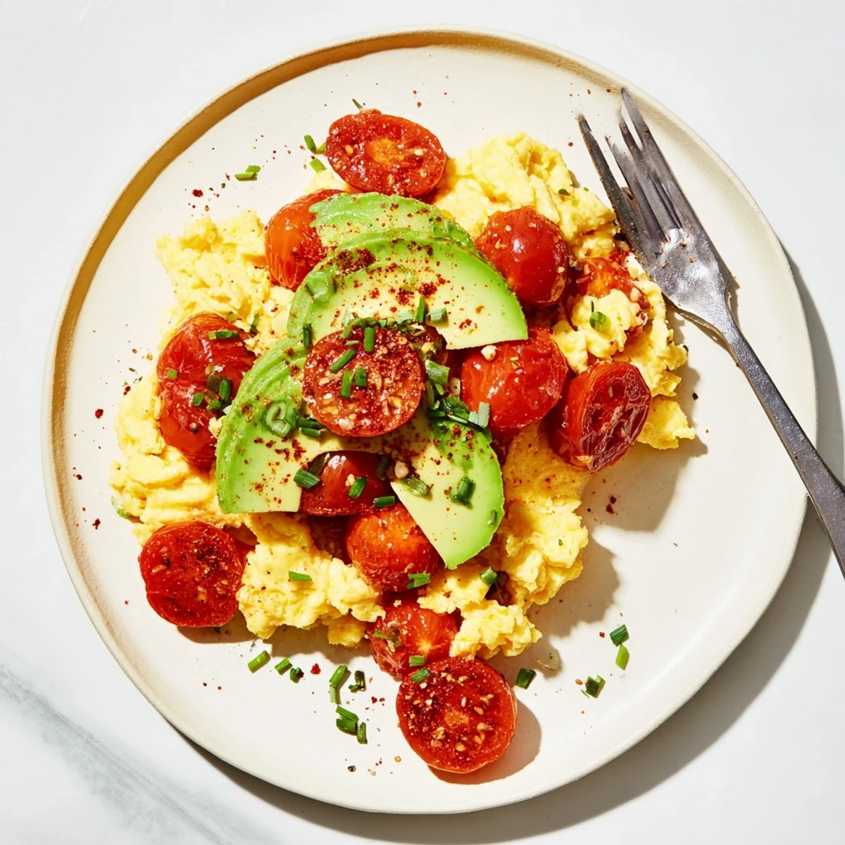 Fluffy scrambled eggs with avocado and seared tomatoes, plated with fresh chives for a vibrant breakfast.