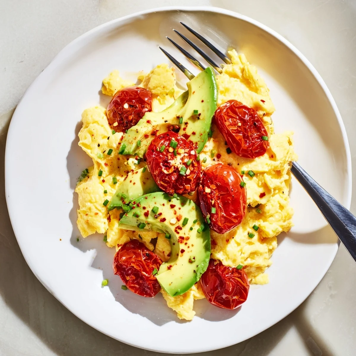 Bright plate of Scrambled Eggs With Avocado Seared Tomato Delight with creamy avocado and juicy tomatoes.