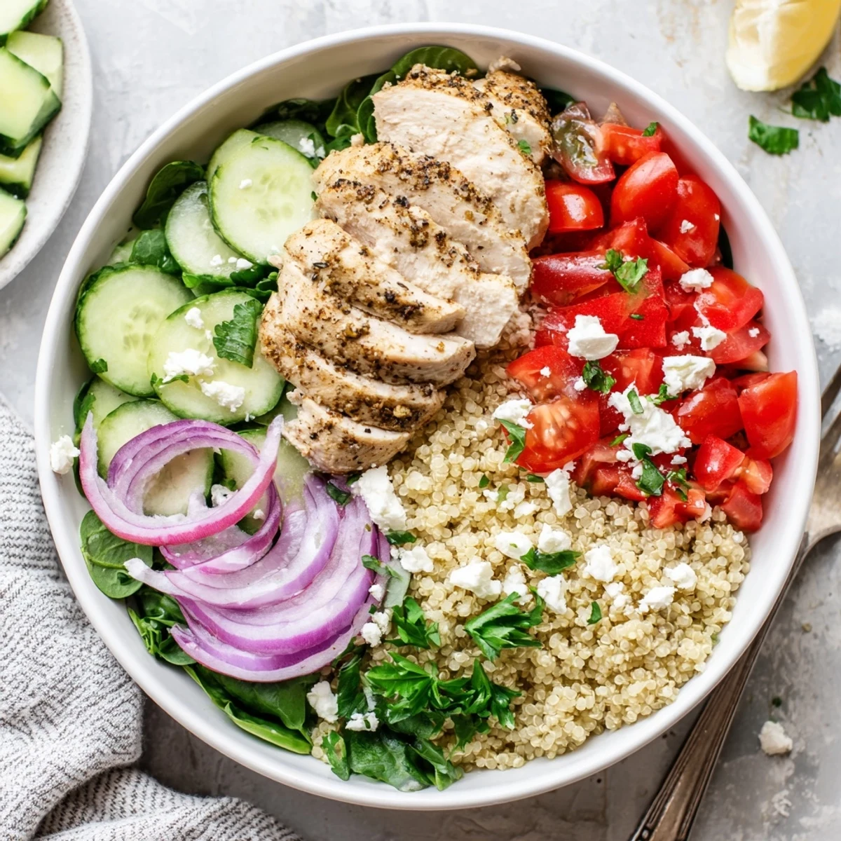 A close-up of the Easy High-Protein Chicken & Quinoa Bowl with juicy sliced chicken, fluffy quinoa, and fresh veggies.