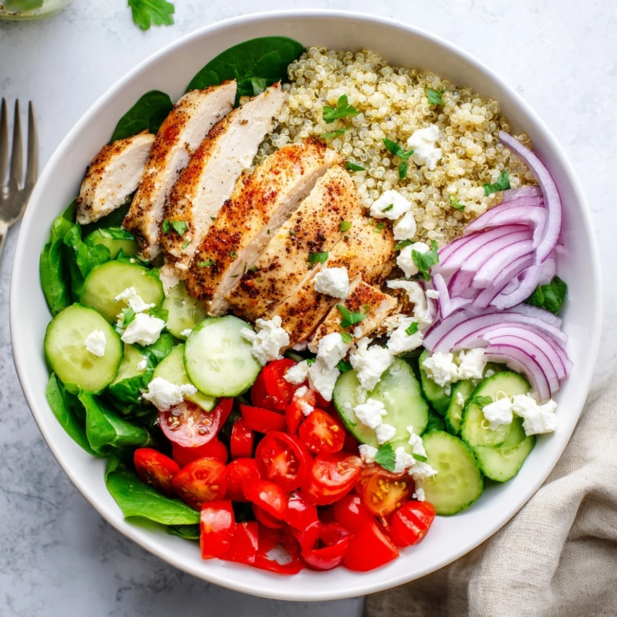 Overhead view of the Easy High-Protein Chicken & Quinoa Bowl served in four meal prep containers with spinach.