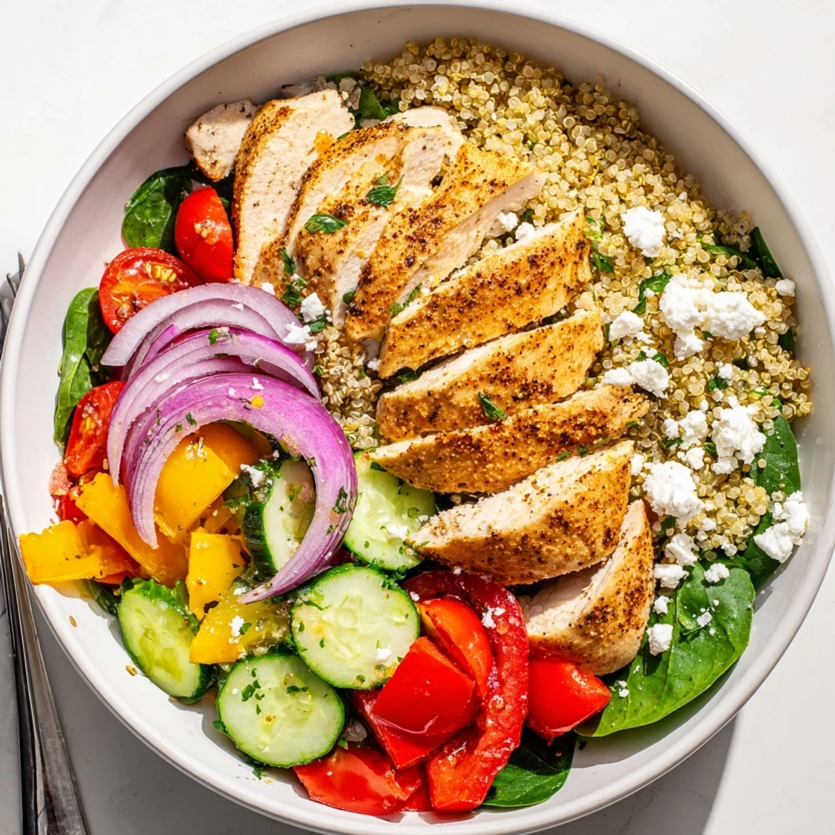 The Easy High-Protein Chicken & Quinoa Bowl garnished with feta and parsley, perfect for a healthy lunch.