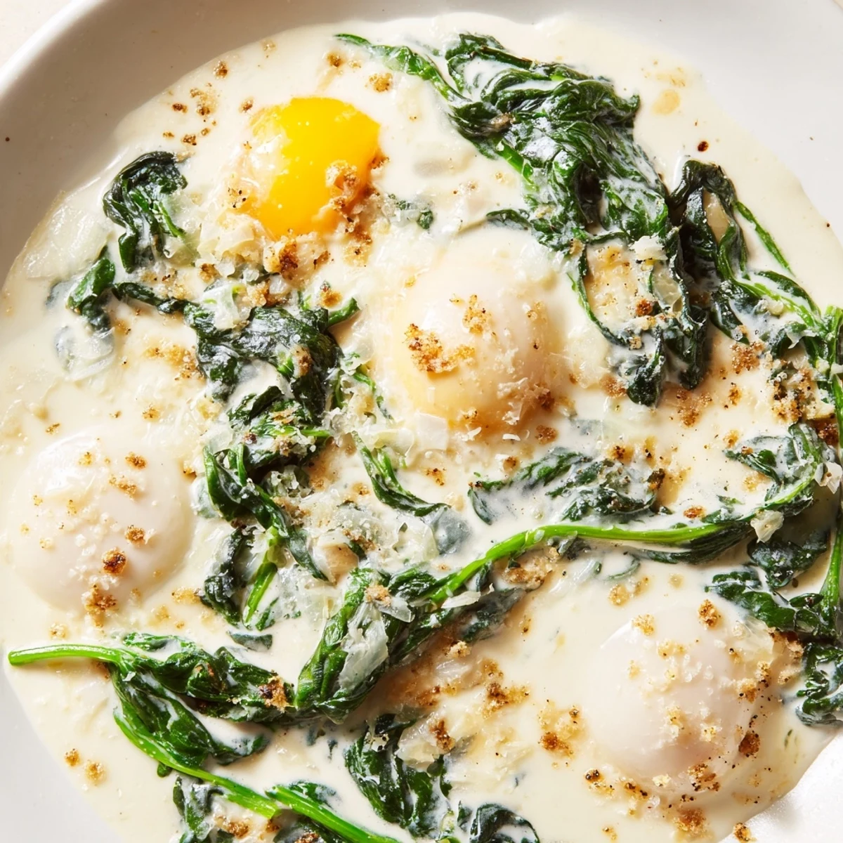 Creamy Spinach and Eggs served in a skillet, showcasing rich green spinach in velvety sauce with runny-yolked eggs.