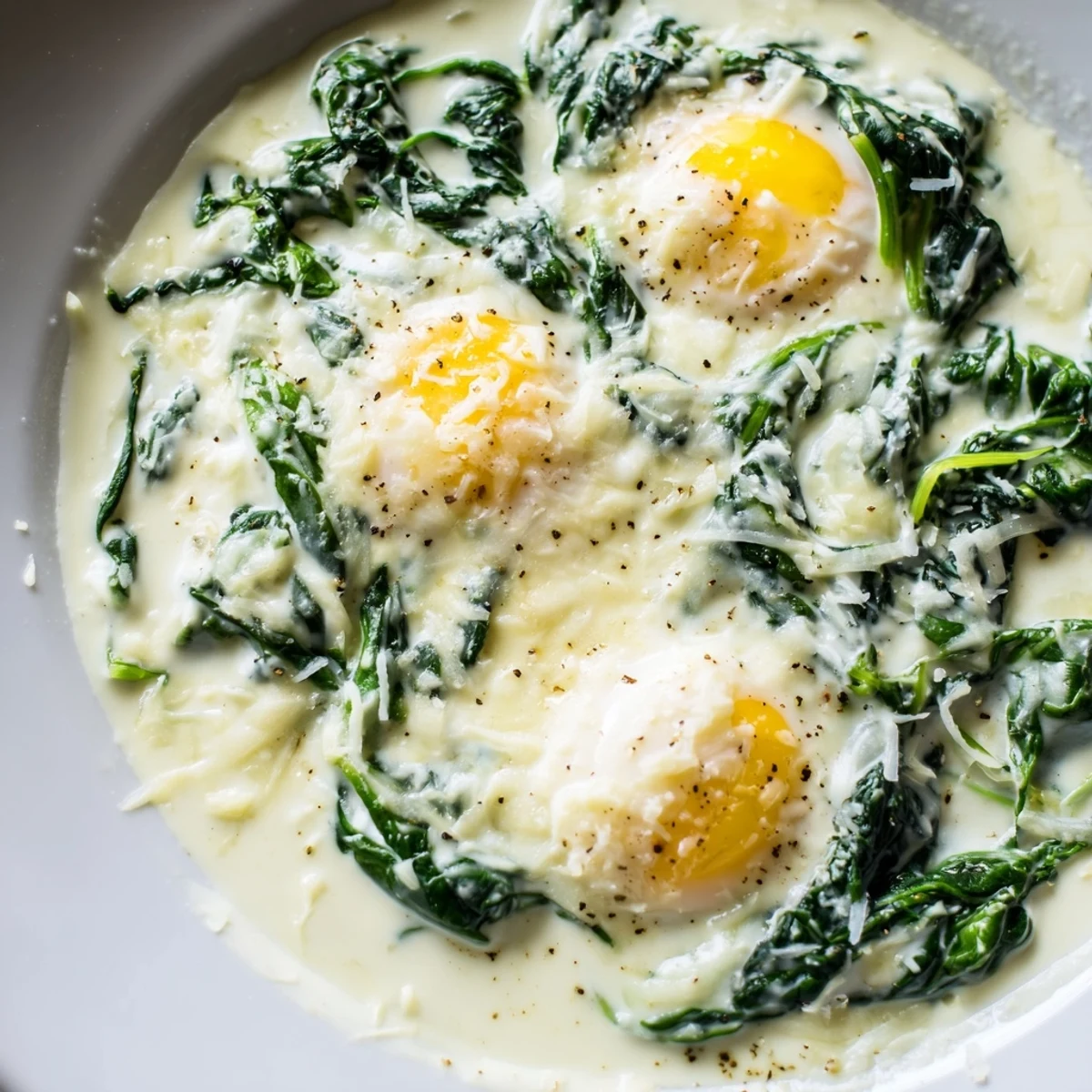 Close-up of Creamy Spinach and Eggs, featuring wilted spinach and perfectly cooked eggs on a rustic wooden table.