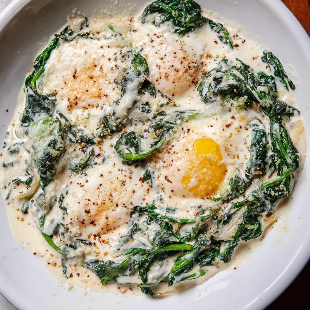 A comforting bowl of Creamy Spinach and Eggs, garnished with fresh herbs and ready for a hearty breakfast.