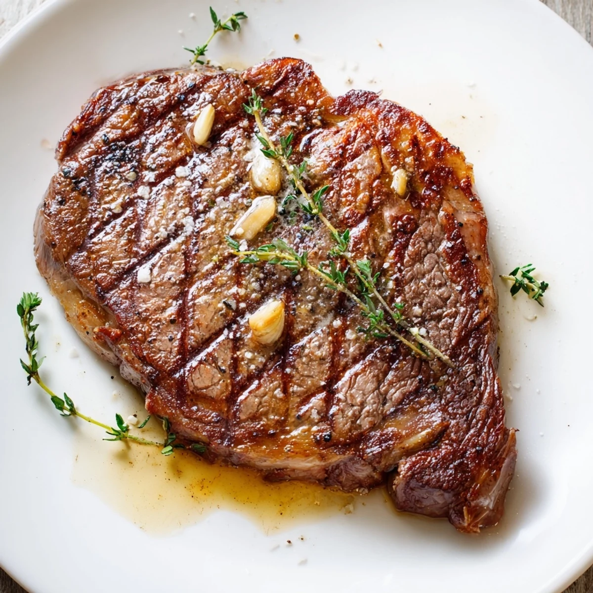 Slice of tender Pan Seared Ribeye Steak revealing a pink center, served alongside roasted potatoes and fresh herbs on a plate.