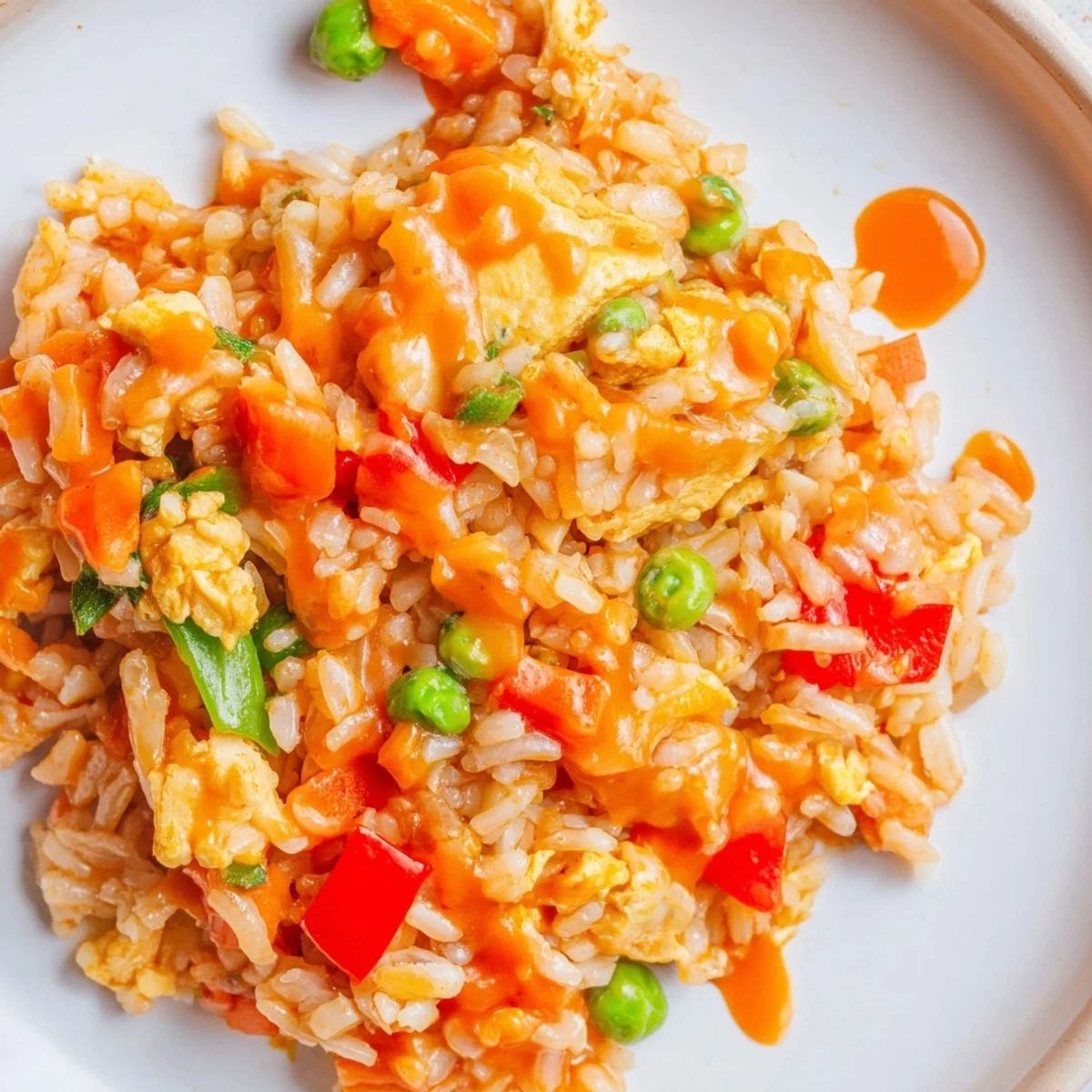 Stir-fried Bang Bang Fried Rice with colorful veggies and creamy sauce drizzled over top.