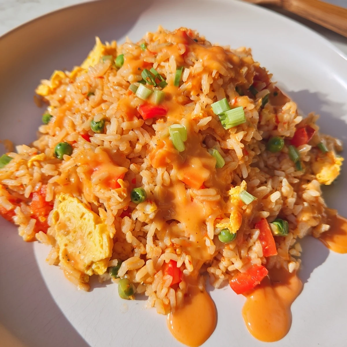 A close-up of Bang Bang Fried Rice in a white bowl, garnished with green onions and sesame seeds.