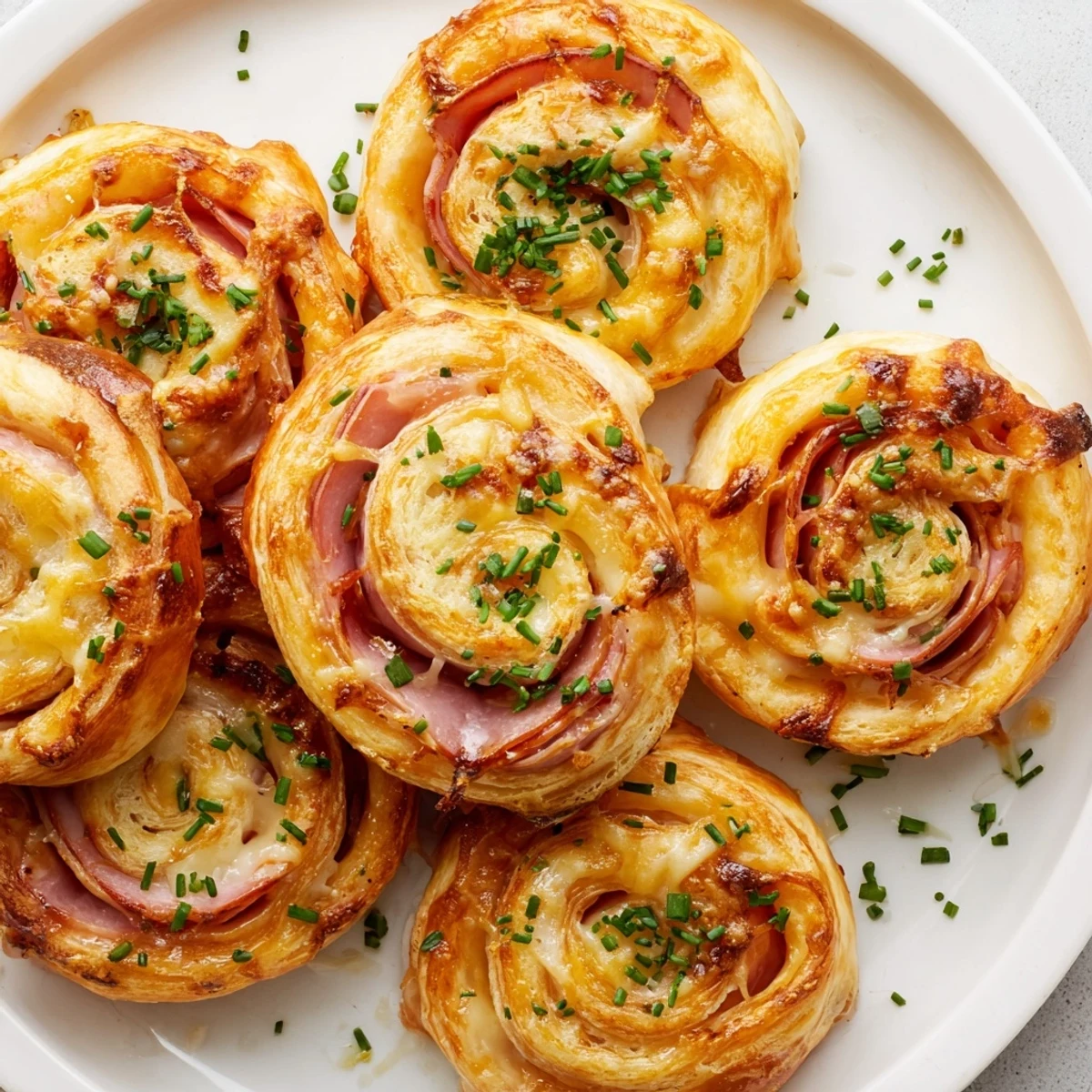 Ham and Cheese Pinwheels are arranged on a white plate, perfect for a party appetizer or lunchbox snack.